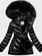 Lesklá zimná bunda cez medvedíka čierna (w673)
