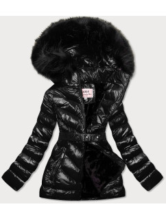 Čierna lesklá zimná bunda s machovitou kožušinou (W673)