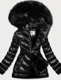 Čierna lesklá zimná bunda s machovitou kožušinou (W673)