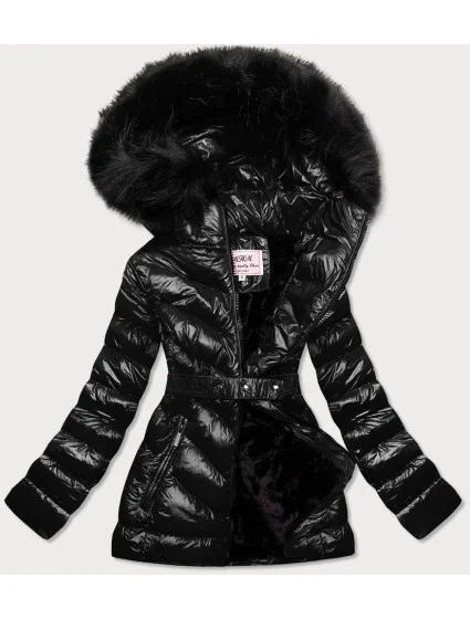 Čierna lesklá zimná bunda s machovou kožušinovou podšívkou (w673)