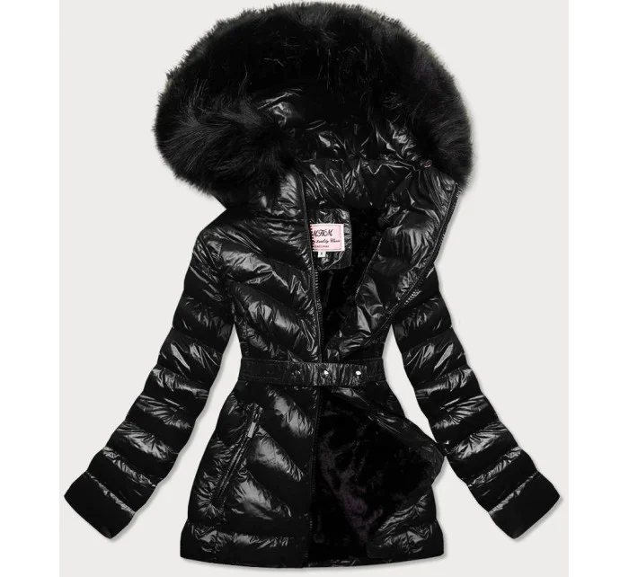 Čierna lesklá zimná bunda s machovou kožušinovou podšívkou (w673)