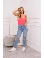 Blúzka s volánikmi bez ramienok ružová neónová