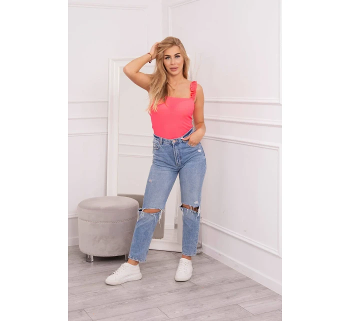 Blúzka s volánikmi bez ramienok ružová neónová