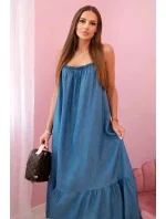 Dámské šaty na ramínka s volánem model 21130190 denim - K-Fashion Dámské šaty na ramínka s volánem model 21130190 denim - K-Fashion