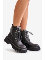 Ocieplane Skórzane Botki Workery Damskie Z Cyrkoniami GOE OO2N4125 Czarne