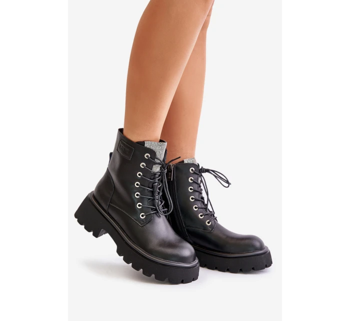 Ocieplane Skórzane Botki Workery Damskie Z Cyrkoniami GOE OO2N4125 Czarne