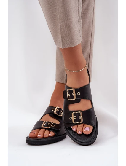 Skórzane Płaskie Klapki Z Klamrami Zazoo 3020 Czarne