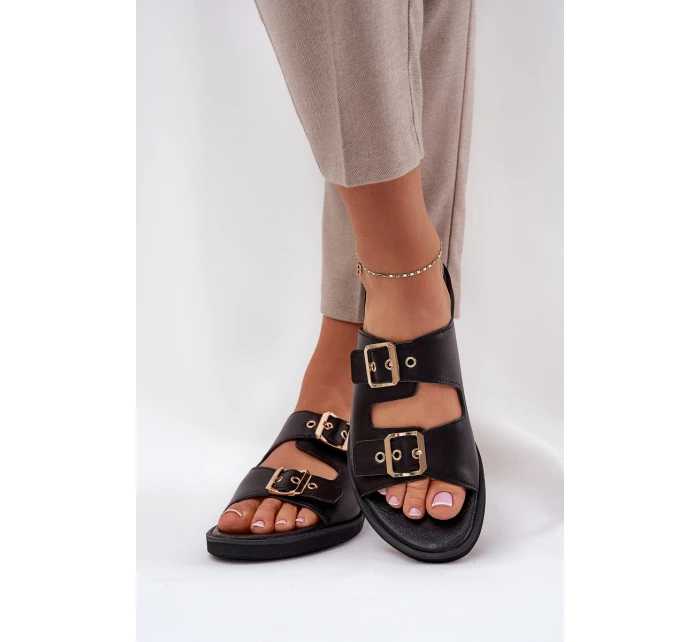 Skórzane Płaskie Klapki Z Klamrami Zazoo 3020 Czarne