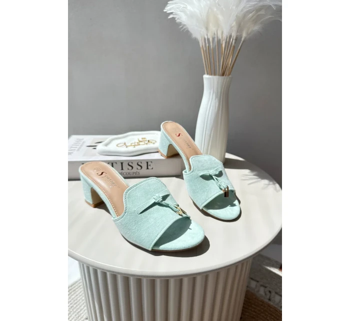 Dámske papuče s vysokým podpätkom z eko semišu, mätová Yemenna