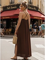 Dámske letné maxi šaty s viskózou, čokoládová farba, FashionStreet EY2662 Dámske letné maxi šaty s viskózou, čokoládová farba, FashionStreet EY2662