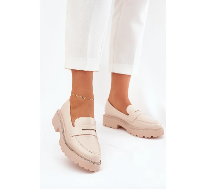 Mokasyny Damskie Eko Skórzane Z Cyrkoniami Beżowe Wilamla