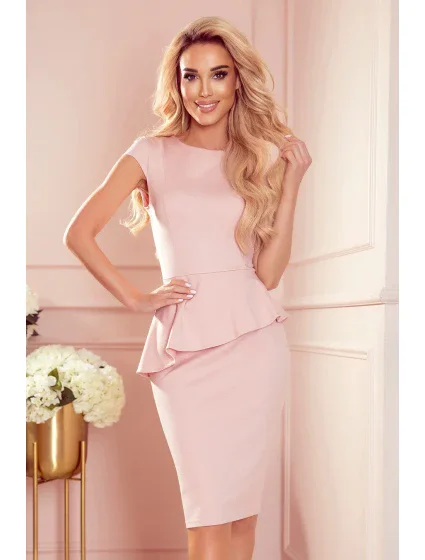 Elegantné dámske midi šaty v púdrovo ružovej farbe s volánikom 192-13