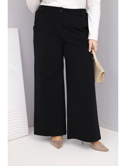 Dámské kalhoty Plus Size s širokou nohavicí a vysokým pasem černé