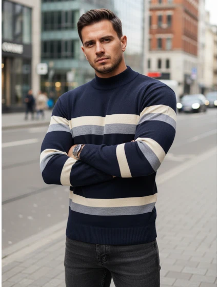 Pánský pruhovaný svetr s polovičním rolákem tmavě modrý Dstreet model 21971532 - FashionStreet Pánský pruhovaný svetr s polovičním rolákem tmavě modrý Dstreet model 21971532 - FashionStreet