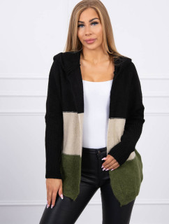 Trojfarebný sveter s kapucňou čierny + béžový + khaki