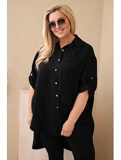 Dámske tričko Plus Size z viskózy s kvetinovou výšivkou čierne