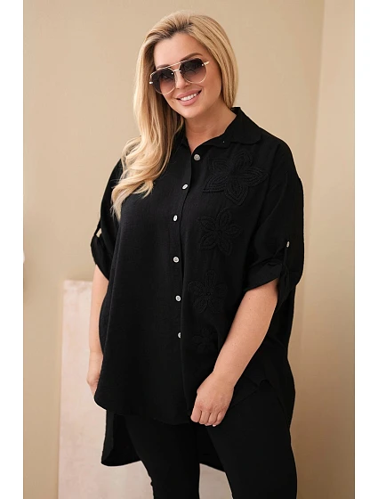 Dámske tričko Plus Size z viskózy s kvetinovou výšivkou čierne