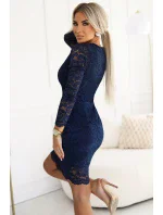 170-15 Čipkované šaty s dlhými rukávmi a výstrihom - tmavomodré