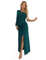 658-2 Trblietavé maxi šaty na jedno rameno s asymetrickými rukávmi a rozparkom - fľaškovo zelené