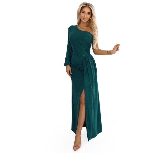 658-2 Trblietavé maxi šaty na jedno rameno s asymetrickými rukávmi a rozparkom - fľaškovo zelené