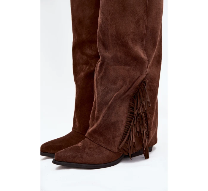 Dámske kovbojské čižmy Zalia s strapcami na podpätku - hnedé Dámske kovbojské čižmy Zalia s strapcami na podpätku - hnedé