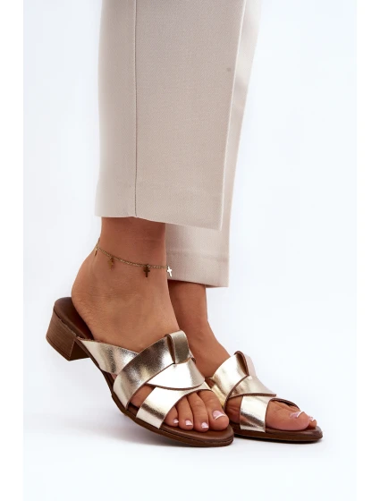 Zazoo 40236 Skórzane Klapki Damskie Na Niskim Obcasie Złote