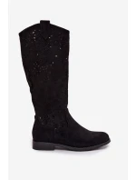 Dámské perforované kozačky na nízkém podpatku model 21998048 Černé - S.Barski