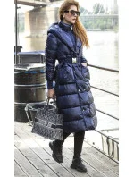 Tmavomodré dlhé dámske sako s opaskom (ag8-8002)