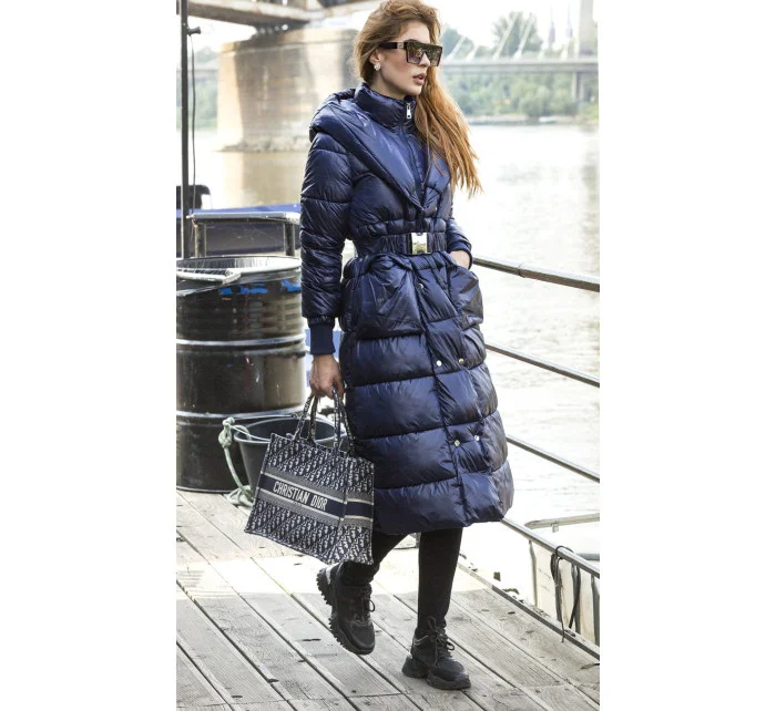 Tmavomodré dlhé dámske sako s opaskom (ag8-8002)