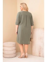 Dámske bavlnené šaty nadmernej veľkosti s kravatovým výstrihom Khaki