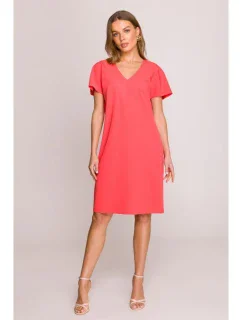 S392 Šaty s výstrihom do V a uvoľneným strihom - koralové