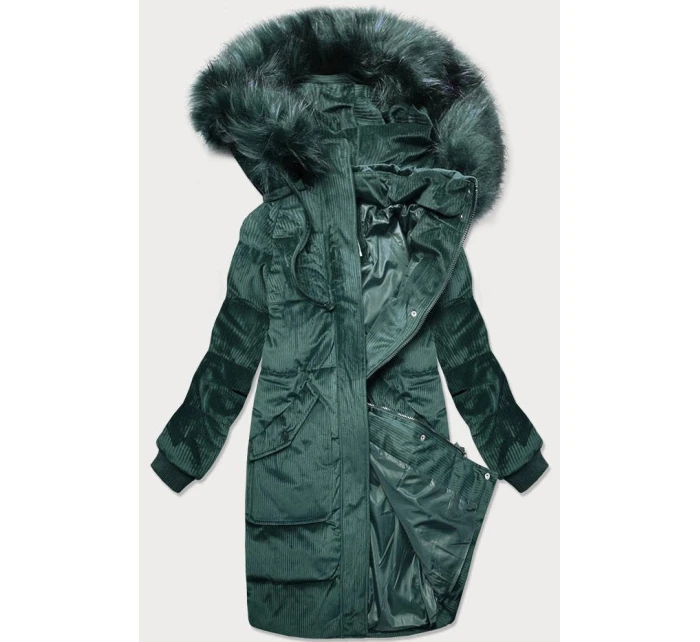 Dámska manšestrová zimná bunda s kapucňou fľaškovo zelená (7764)