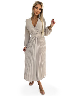 504-2 VIVIANA Plisované midi šaty s výstrihom, dlhými rukávmi a širokým opaskom - BEIGE
