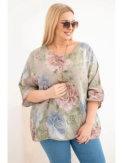 Dámská bavlněná halenka Plus Size s krátkým rukávem a květinovým vzorem fango