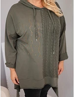 Dámská bavlněná mikina Plus Size s kapucí a pleteným panelem khaki Dámská bavlněná mikina Plus Size s kapucí a pleteným panelem khaki