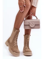 Zamszowe Damskie Botki Workery Sznurowane Beżowe Nicole 2836