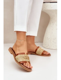 Skórzane Klapki Z Ozdobnym Detalem I Plecionką Zazoo 40426 Brązowe