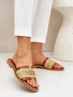 Skórzane Klapki Z Ozdobnym Detalem I Plecionką Zazoo 40426 Brązowe