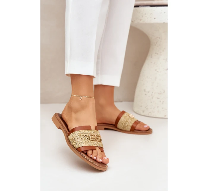 Kožené Pantofle S Dekorativním A Pletením Hnědé model 21684096 - Zazoo