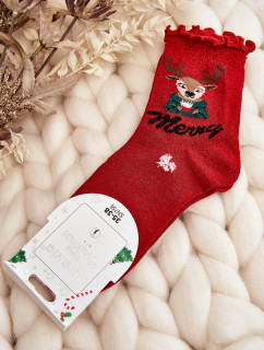 Dámske lesklé vianočné ponožky s červeným sobom