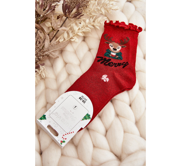 Dámske lesklé vianočné ponožky s červeným sobom