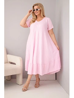 Dámske plus size šaty s krátkymi rukávmi a volánom z ľahkej viskózy v cukríkovo ružovej farbe