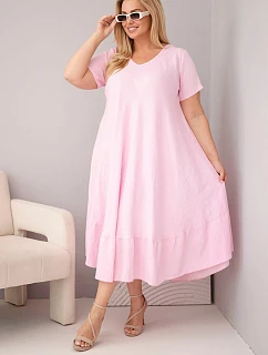 Dámske plus size šaty s krátkymi rukávmi a volánom z ľahkej viskózy v cukríkovo ružovej farbe