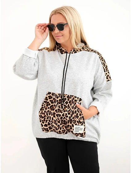 Dámska mikina Plus Size z viskózy s kapucňou a leopardovými detailmi, sivá Dámska mikina Plus Size z viskózy s kapucňou a leopardovými detailmi, sivá