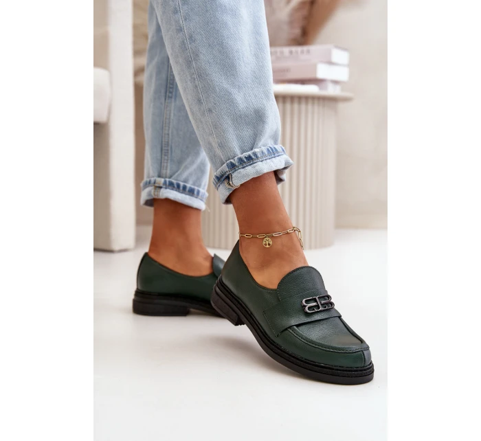 Zazoo 20174 Skórzane Eleganckie Półbuty Damskie Na Płaskim Obcasie Ciemnozielone