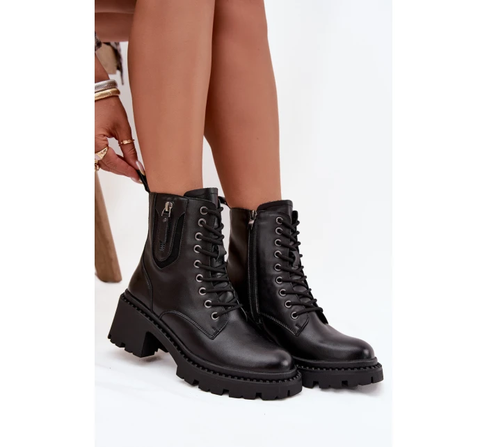 Skórzane Botki Damskie Na Klocku Ocieplane Vinceza 86418 Czarne