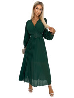 KLARA - Fľašovo zelené dámske šaty s výstrihom a opaskom 414-1
