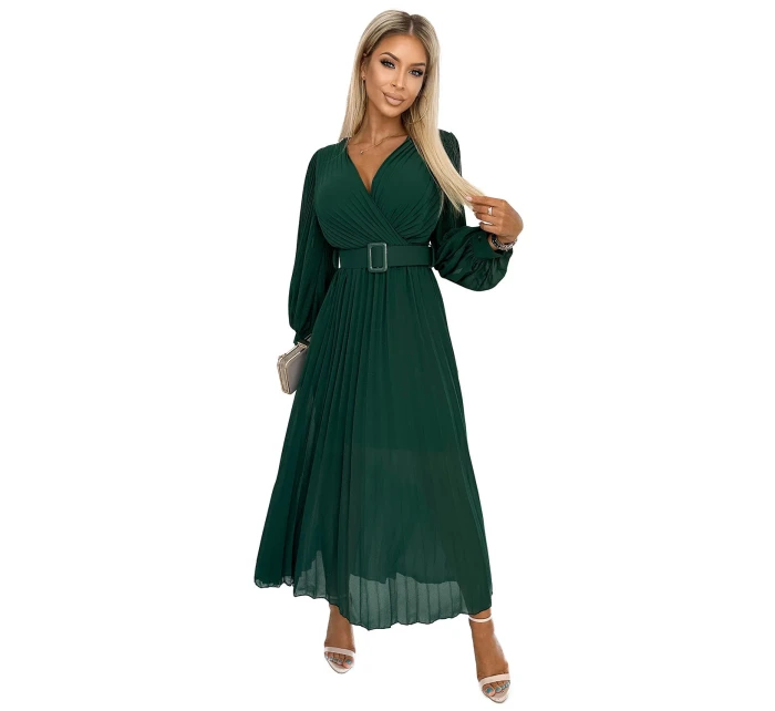 414-1 KLARA plisované šaty s opaskom a výstrihom - BOTTLE GREEN 414-1 KLARA plisované šaty s opaskom a výstrihom - BOTTLE GREEN