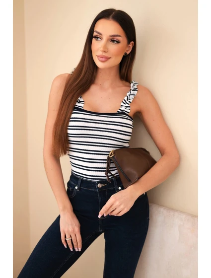 Dámska rebrovaná blúzka v pruhoch na ramienkach s volánom tmavomodrá