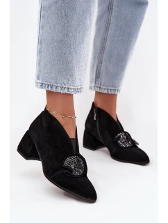 Skórzane Zamszowe Botki Damskie Na Obcasie Z Ozdobą D&A MR52-182 Czarne